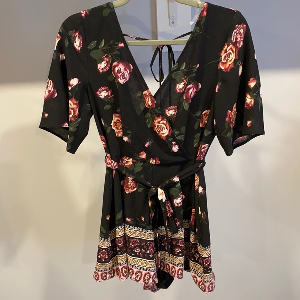 Black and floral shorts romper, never worn with tags